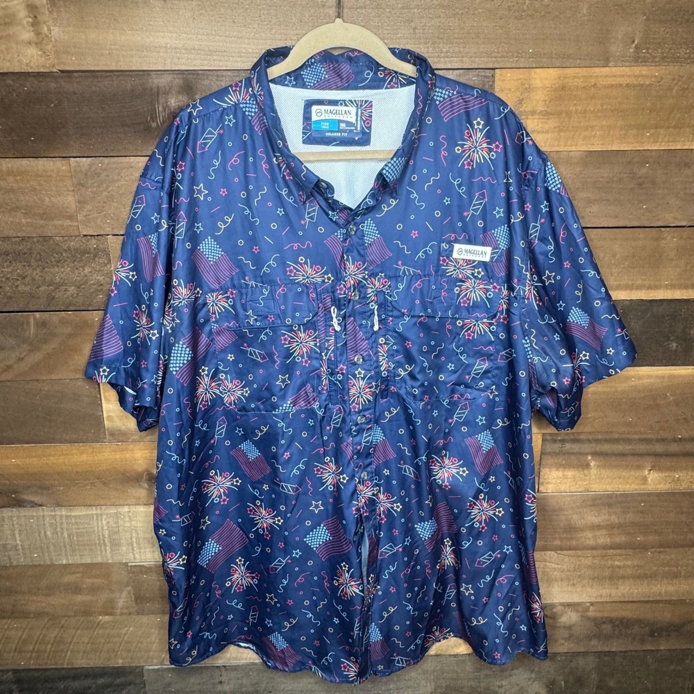 Magellan Outdoors Fish Gear 3XL Relaxed Fit Patriotic Fireworks Fishing Shirt